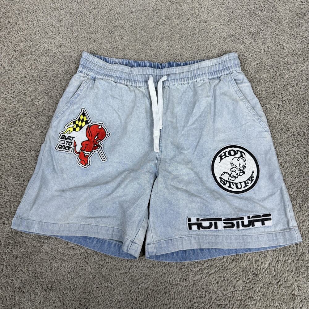 Hot Stuff Sweat Shorts Mens Small Blue Denim Cartoon Devil Patches 6 In Inseam